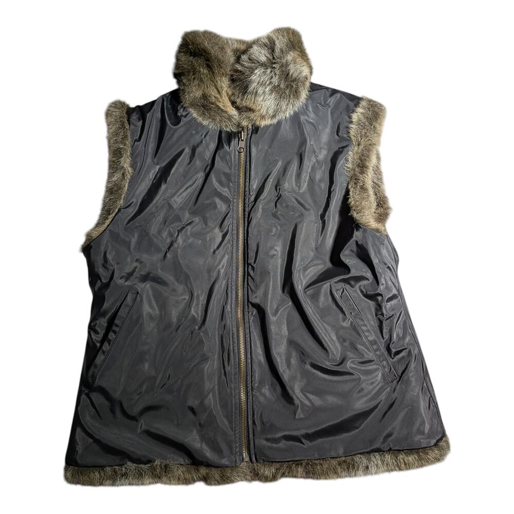 Vtg Y2K Blassport Brown Faux Fur Vinyl Lined Reversible Zip Up Vest Sz M - Picture 4 of 6